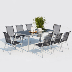 Lusiana table de jardin et 8 chaises en acier et toile pvc gris