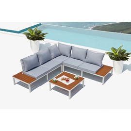 Fira salon de jardin bas 5 places en aluminium gris et blanc