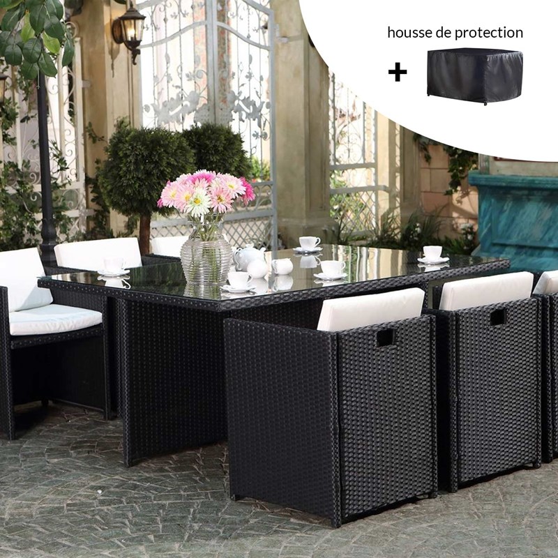 Miami miami - salon de jardin 6 places noir-blanc + housse de protection