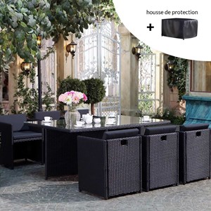 Miami miami - salon de jardin 6 places noir-noir + housse de protection