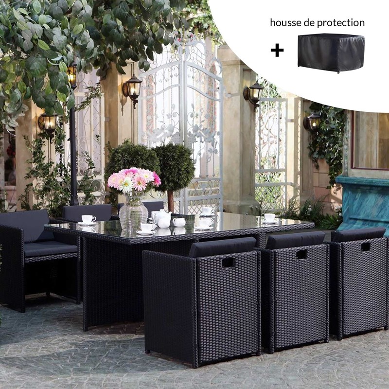 Miami miami - salon de jardin 6 places noir-noir + housse de protection