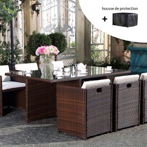 Miami miami - salon de jardin 6 places marron-blanc + housse de protection