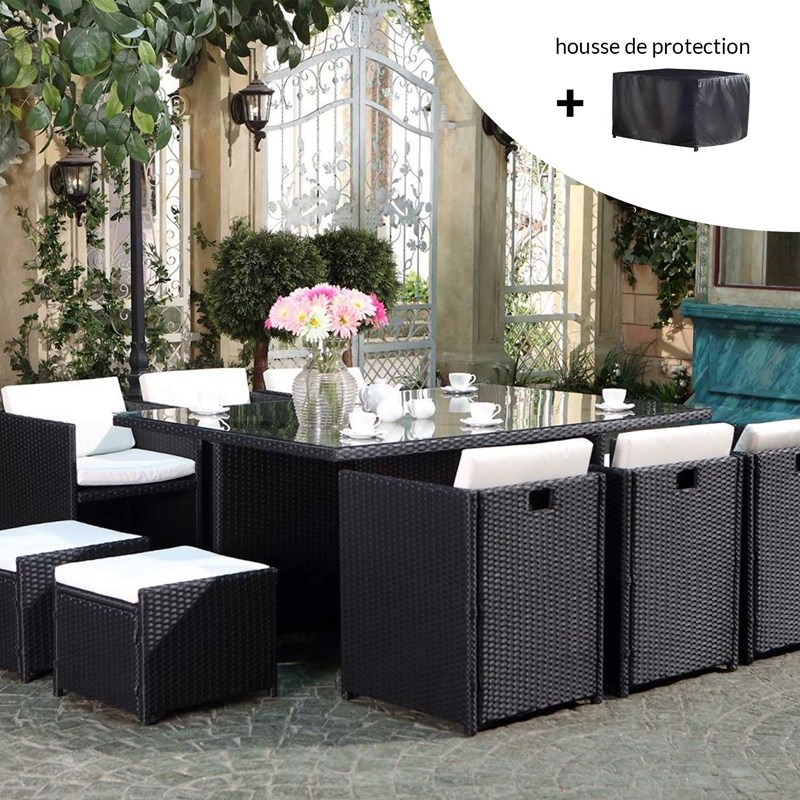 Miami miami - salon de jardin 10 places noir-blanc + housse de protection