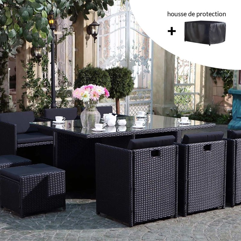 Miami miami - salon de jardin 10 places noir-noir + housse de protection