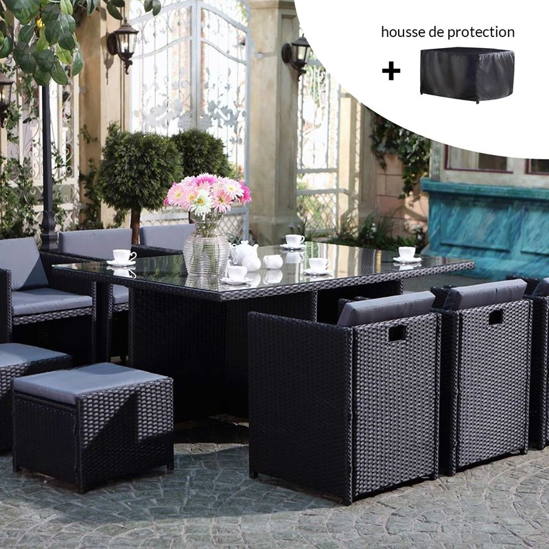 Miami miami - salon de jardin 10 places noir-gris + housse de protection
