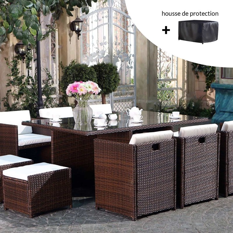 Miami miami - salon de jardin 10 places marron-blanc + housse de protection