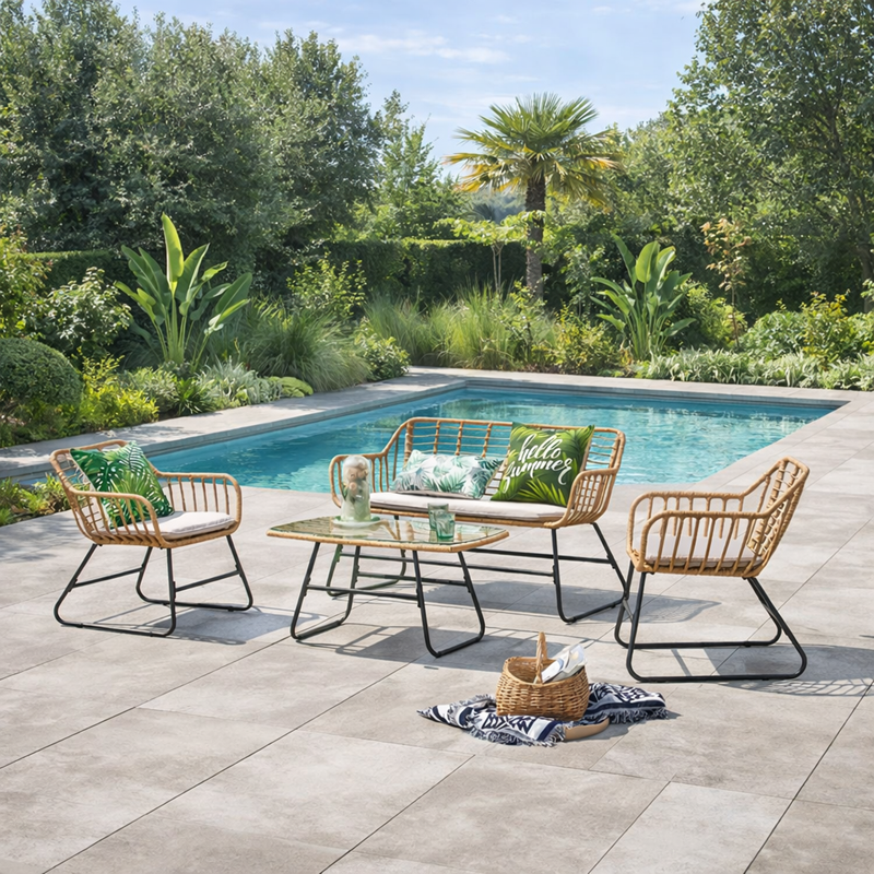 Parea salon de jardin 4 places en rotin et acier beige et noir