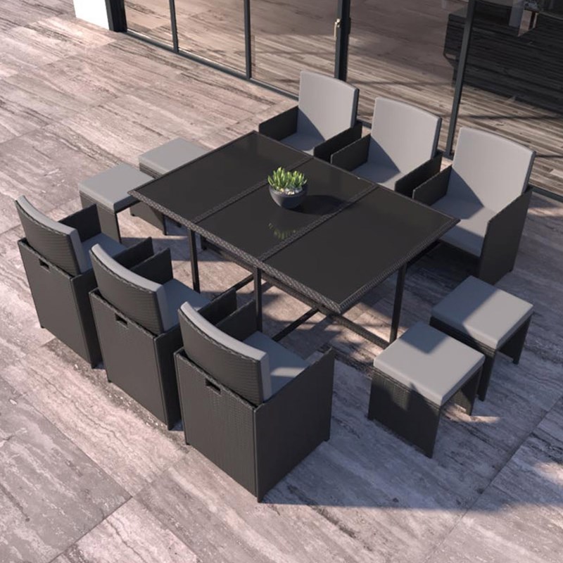 Concept Usine - Florida table et chaises 10 places en résine tressée noir et gris