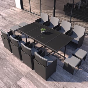 Florida table et chaises 12 places en résine tressée noir et gris