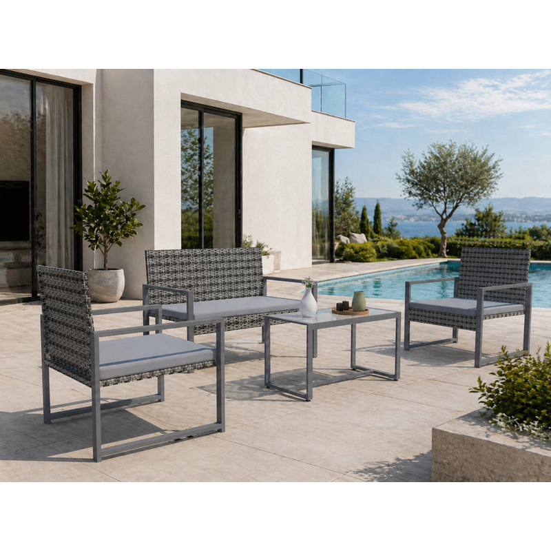 Esna salon de jardin bas 4 places résine tressée gris foncé