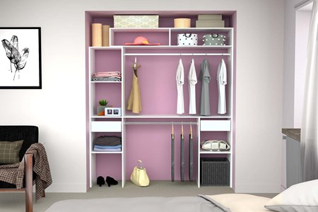 Elysee dressing blanc extensible avec 2 penderies, 4 étagères et 2 tiroirs