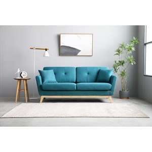 Hoga - canapé scandinave 3 places et 2 coussins bleu canard