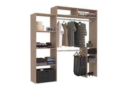 Elysee dressing bois extensible avec penderie, étagères et tiroirs