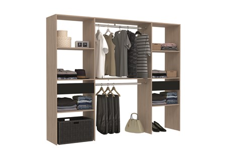 Elysee grand dressing bois avec 2 penderies, 6 étagères et 2 tiroirs