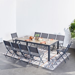 Lagos - ensemble table aluminium effet bois et 10 chaises