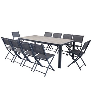 Lagos ensemble table aluminium effet bois et 10 chaises
