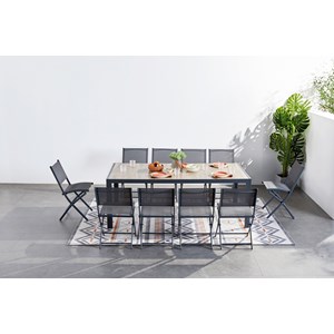 Lagos ensemble table aluminium effet bois et 10 chaises