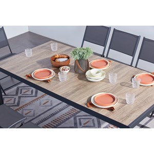 Lagos ensemble table aluminium effet bois et 10 chaises