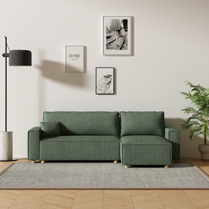 Cosy canapé convertible d'angle en velours côtelé vert