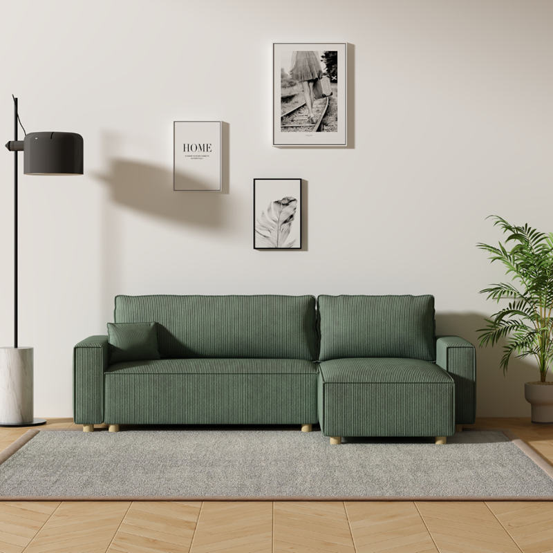 Cosy canapé convertible d'angle en velours côtelé vert