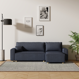 Cosy canapé convertible d'angle en velours côtelé bleu
