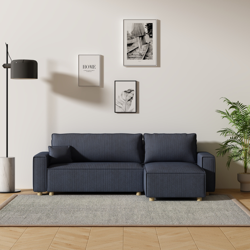 Cosy canapé convertible d'angle en velours côtelé bleu