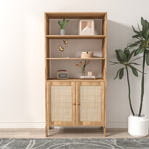 Cange vaisselier avec 3 étagères et 2 portes en cannage