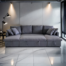 Mahé canapé panoramique convertible avec coffre 4 places en tissu - gris foncé
