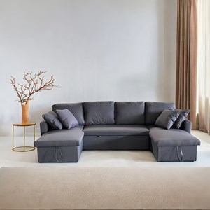 Mahé canapé panoramique convertible avec coffre 4 places en tissu - gris foncé