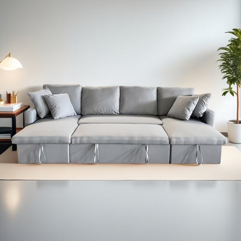 Mahé canapé panoramique convertible 4 places en tissu avec coffre - gris clair