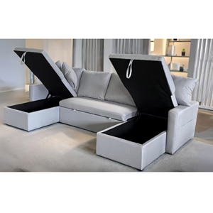 Mahé canapé panoramique convertible 4 places en tissu avec coffre - gris clair