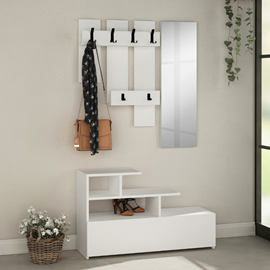 Mesty meuble d'entrée blanc avec porte manteau, rangement et miroir