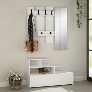 Mesty - meuble d'entrée blanc avec porte manteau, rangement et miroir