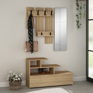 Mesty - meuble d'entrée effet bois avec porte manteau, rangement et miroir