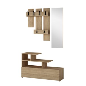 Mesty meuble d'entrée effet bois avec porte manteau, rangement et miroir