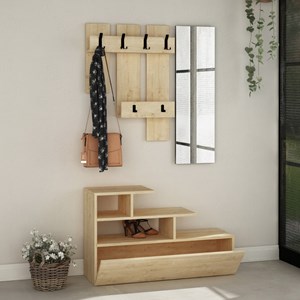 Mesty meuble d'entrée effet bois avec porte manteau, rangement et miroir
