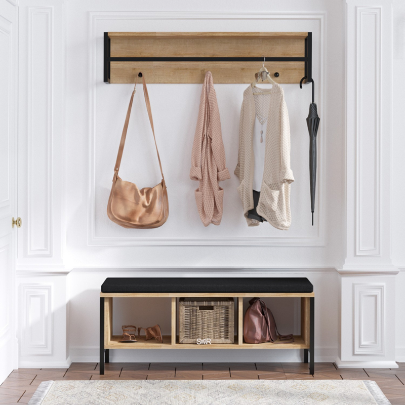 Torun meuble d'entrée mural bois et noir avec 3 niches