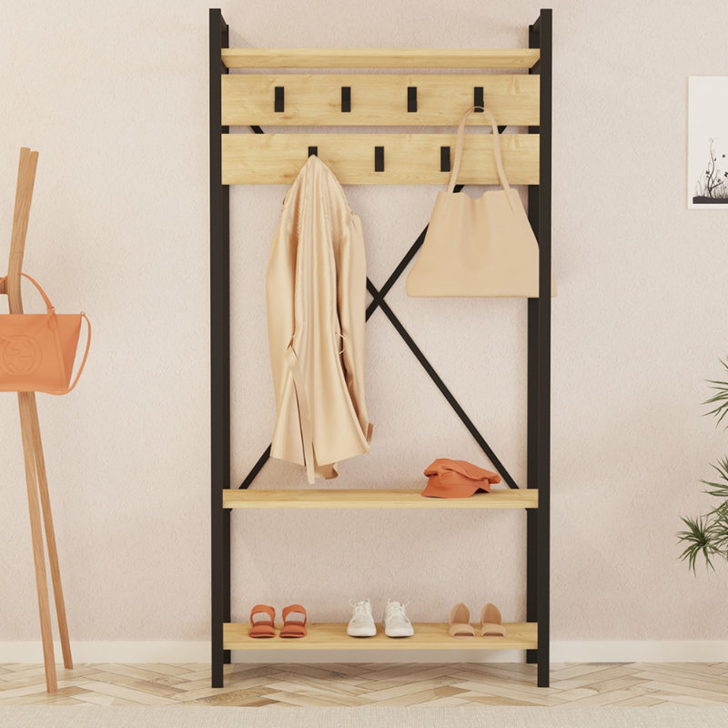 Lubin meuble d'entrée style industriel avec étagères et porte-manteaux