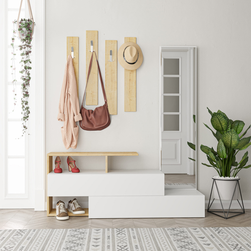 Ramar - meuble d'entrée bois blanc et porte-manteaux