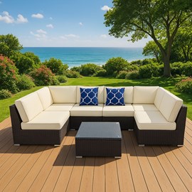 Aldabra salon de jardin modulable 6 places en résine tressée - marron et beige