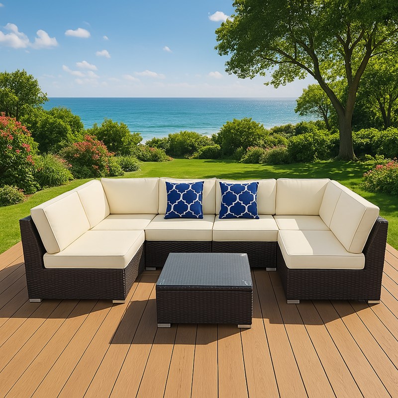 Aldabra salon de jardin modulable 6 places en résine tressée - marron et beige