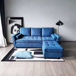 Coventry - canapé 3 places en velours avec pouf bleu