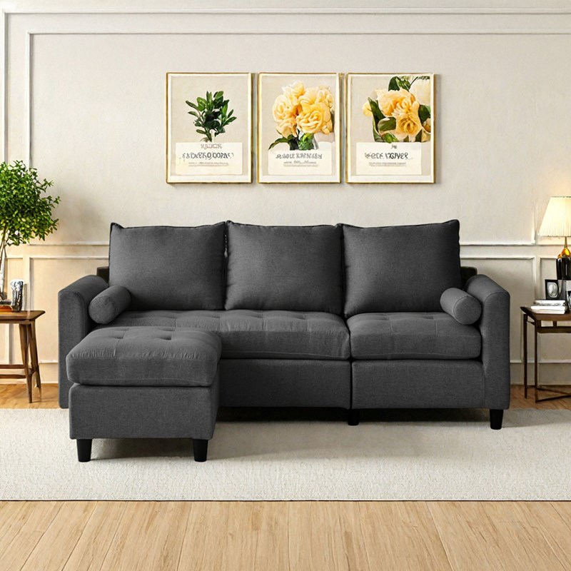 Coventry canapé 3 places en tissu avec pouf gris foncé