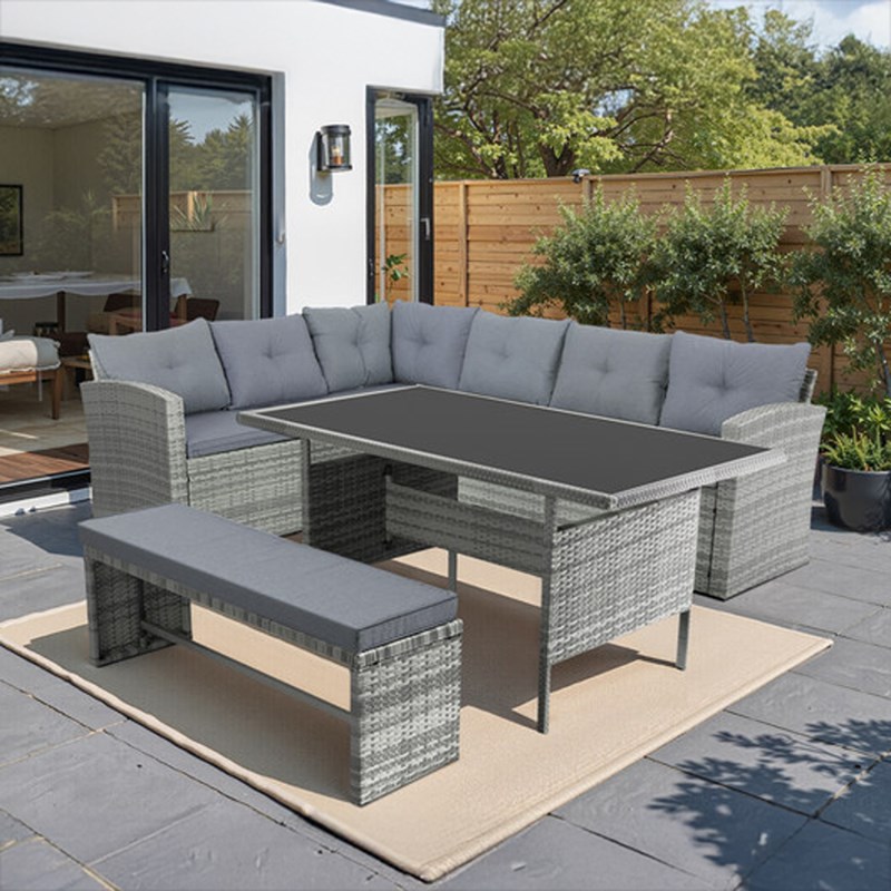 Moorea salon de jardin 8 places avec canapé d'angle en résine tressée grise