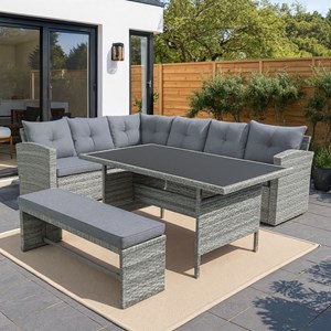 Moorea salon de jardin 8 places avec canapé d'angle en résine tressée grise