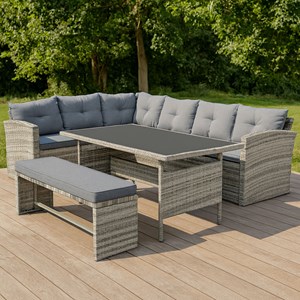 Moorea salon de jardin 8 places avec canapé d'angle en résine tressée grise