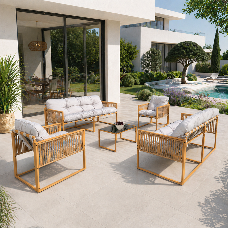 Turini salon de jardin 8 places effet rotin coussins gris clair