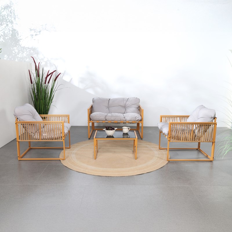 Turini salon de jardin 4 places effet rotin coussins gris clair