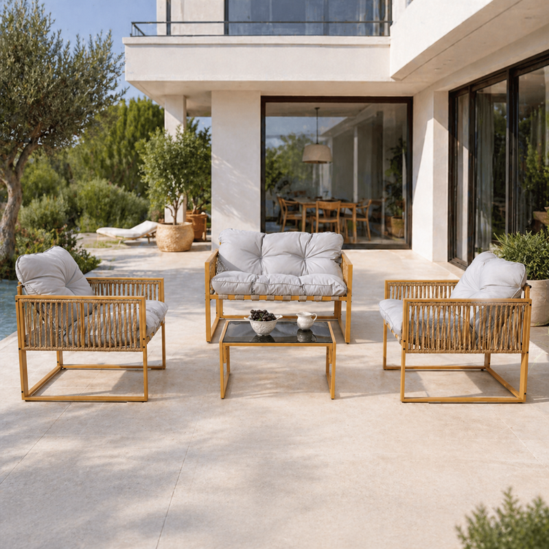 Turini salon de jardin 4 places effet rotin coussins gris clair