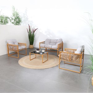 Turini salon de jardin 4 places effet rotin coussins gris clair